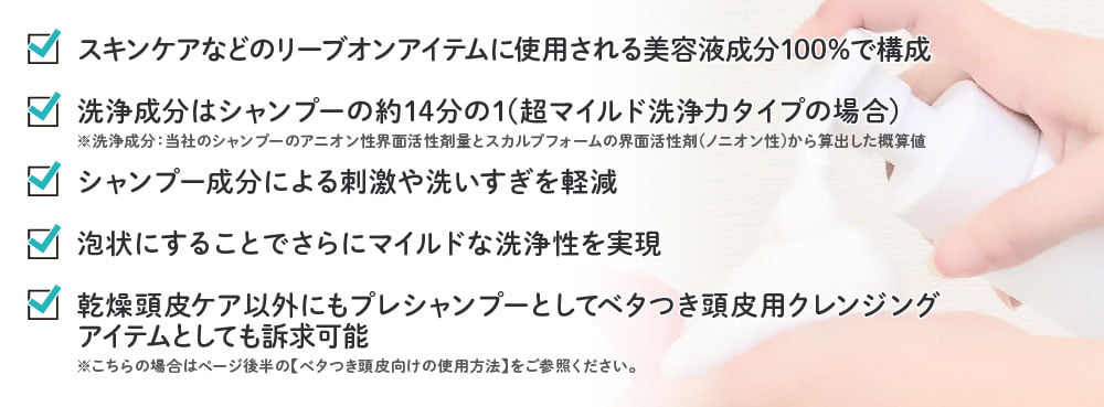 スキンケアなどのリーブオンアイテムに使用される美容液成分100%で構成／洗浄成分はシャンプーの約14分の1(超マイルド洗浄力タイプの場合)／シャンプー成分による刺激や洗いすぎを軽減／泡状にすることでさらにマイルドな洗浄性を実現／乾燥頭皮ケア以外にもプレシャンプーとしてベタつき頭皮用クレンジングアイテムとしても訴求可