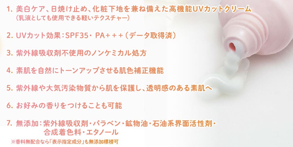 1.美白ケア、日焼け止め、化粧下地を兼ね備えた高機能UVカットクリーム／2.UVカット効果:SPF35 PA+++(データ取得済)／3.紫外線吸収剤不使用のノンケミカル処方／4.素肌を自然にトーンアップさせる肌色補正機能／5.紫外線や大気汚染物質から肌を保護し、透明感のある素肌へ／6.お好みの香りをつけることも可能／7.無添加:紫外線吸収剤・パラベン・鉱物油・石油系界面活性剤・合成着色料・エタノール