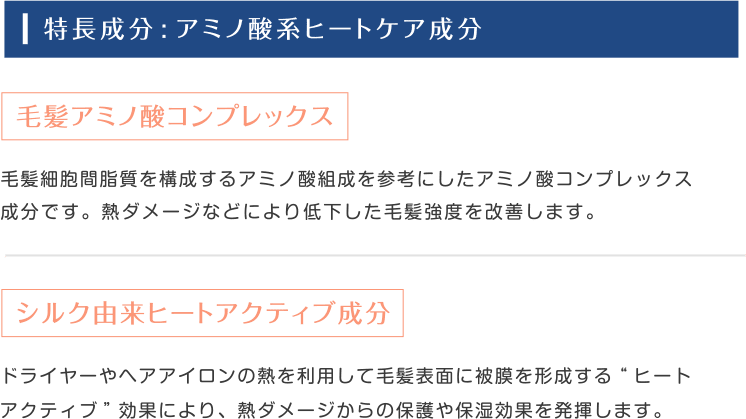 特長成分:アミノ酸系ヒートケア成分|毛髪アミノ酸コンプレックス:毛髪細胞間脂質を構成するアミノ酸組成を参考にしたアミノ酸コンプレックス成分です。熱ダメージなどにより低下した毛髪強度を改善します。|シルク由来ヒートアクティブ成分:ドライヤーやヘアアイロンの熱を利用して毛髪表面に被膜を形成する“ヒートアクティブ”効果により、熱ダメージからの保護や保湿効果を発揮します。