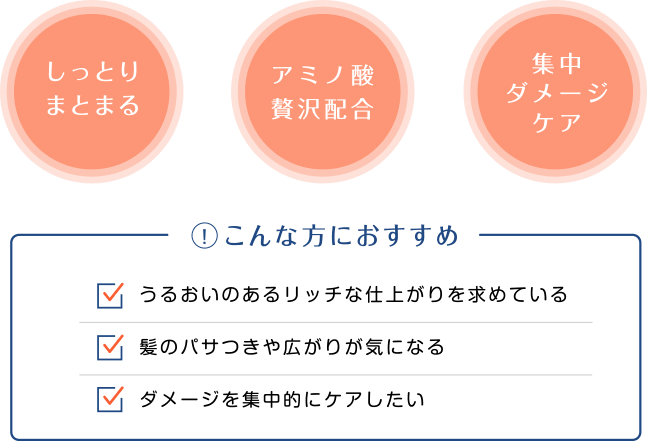 しっとりまとまる/アミノ酸贅沢配合/集中ダメージケア|こんな方におすすめ:・うるおいのあるリッチな仕上がりを求めている・髪のパサつきや広がりが気になる・ダメージを集中的にケアしたい